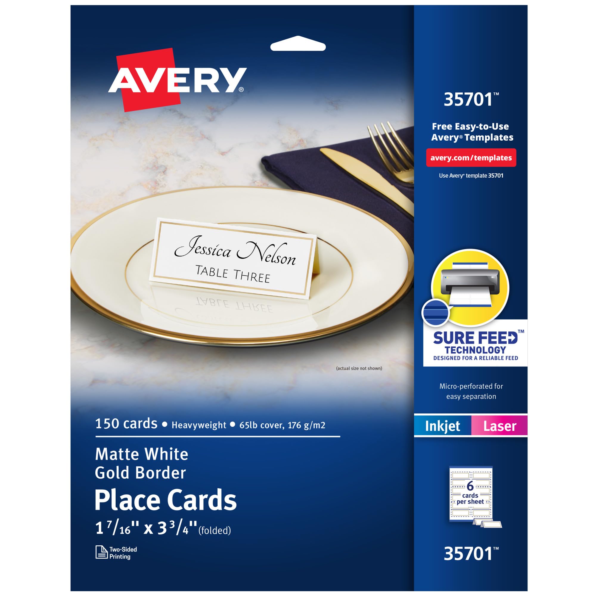 Avery Place Cards With Gold Border, 1-7/16&quot; x 3-3/4&quot;, 65 lbs / 176 gsm, Laser/Inkjet, 150 Cards (35701)