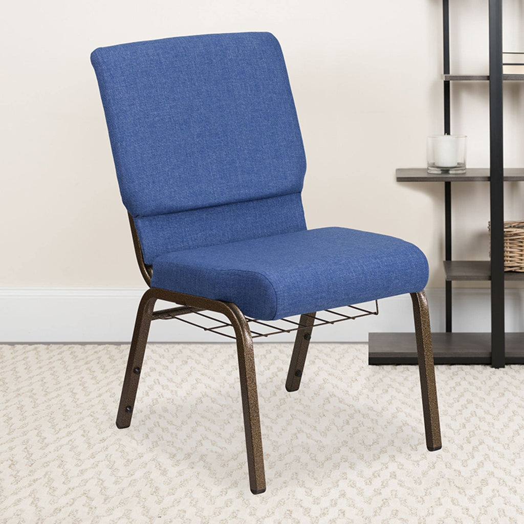Flash Furniture Hercules Series 18.5''W Church Chair In Blue Fabric With Cup Book Rack - Gold Vein Frame