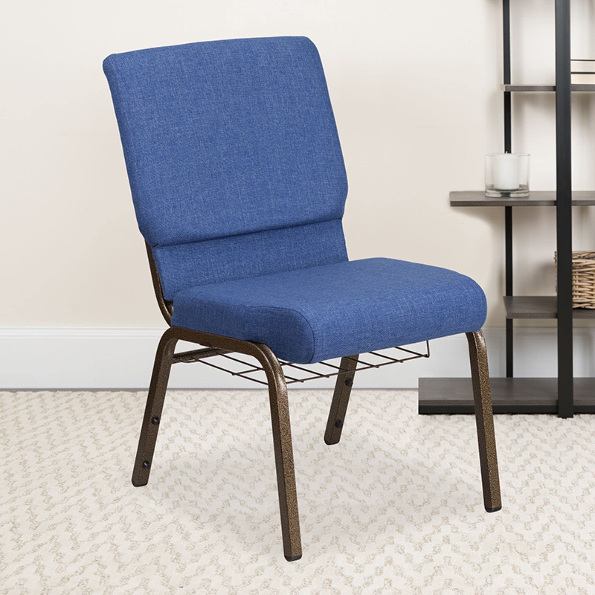 Flash Furniture Hercules Series 18.5''W Church Chair In Blue Fabric With Cup Book Rack - Gold Vein Frame