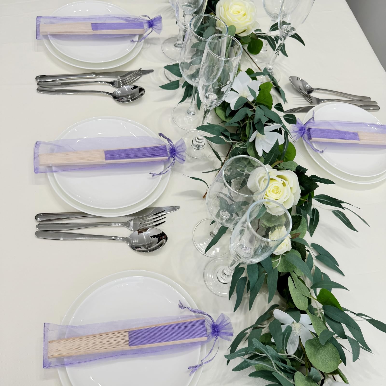 SL crafts 50pcs Light Purple Paper Hand Fans with Organza Bags - Bamboo Folding Fans for DIY Wedding Party Favors