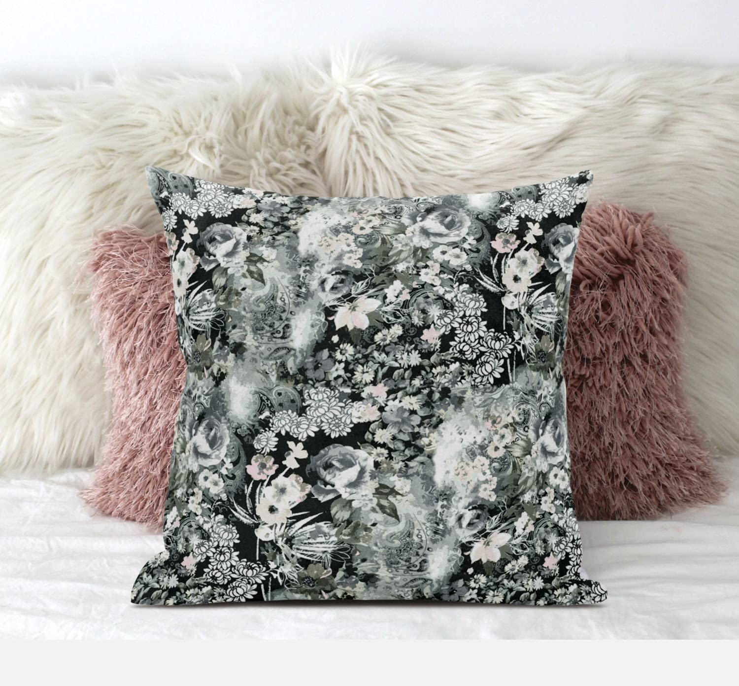 HomeRoots Midnight Blue 16' Gray White Springtime Zippered Suede Throw Pillow