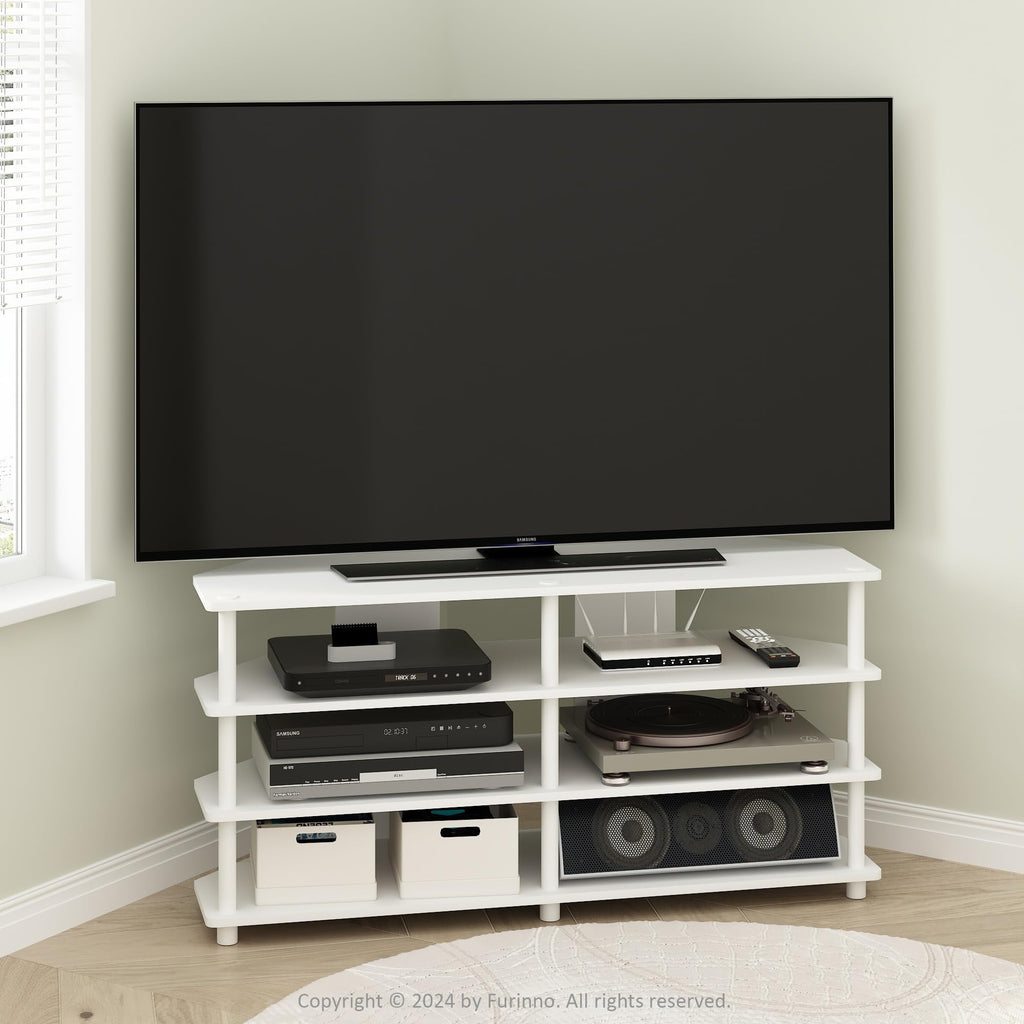 Furinno Econ Easy Assembly 4-Tier Corner TV Stand for TV up to 55-Inch, White/White