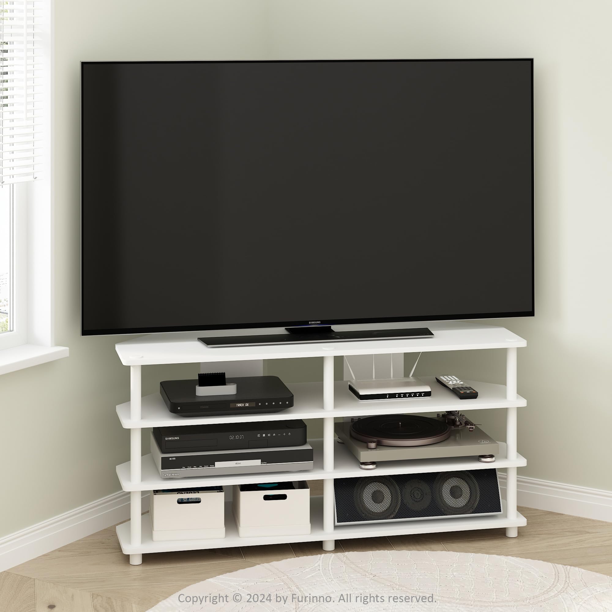 Furinno Econ Easy Assembly 4-Tier Corner TV Stand for TV up to 55-Inch, White/White