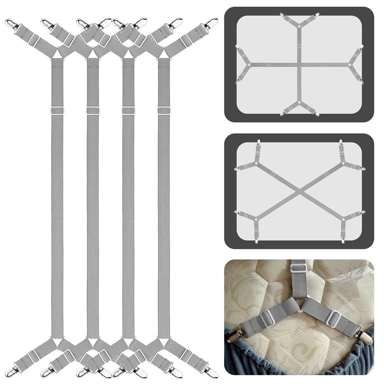 Aced  Cor Bed Sheet Suspenders, 4 Pcs(2 Sets) Adjustable Bed Sheet Holder Straps Fitted Sheet Clips Keeping Sheets In Place, Gre