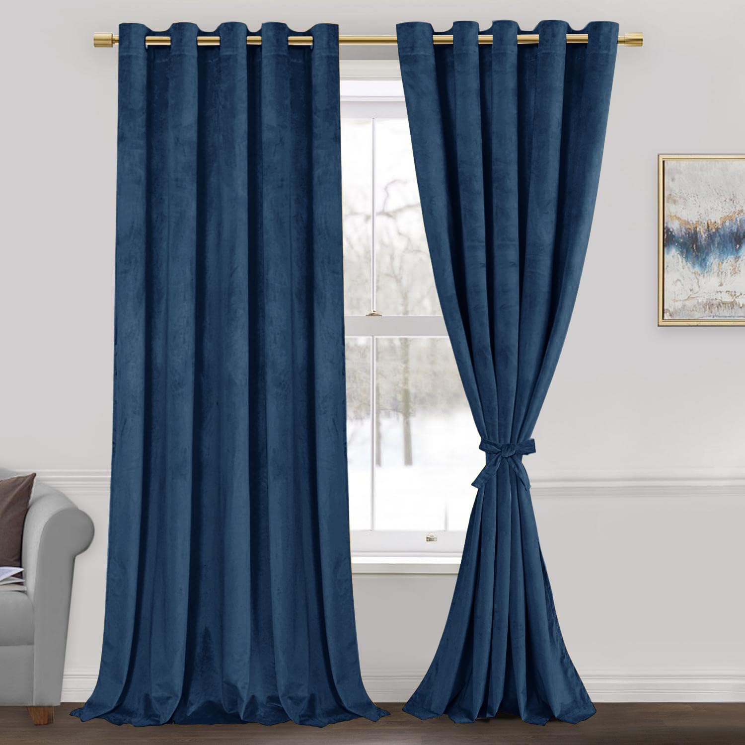 Jiuzhen Navy Velvet Curtains 90 Inches Blackout Curtains For Living Room - Thermal Insualted Room Darkening Grommet Thick Velvet