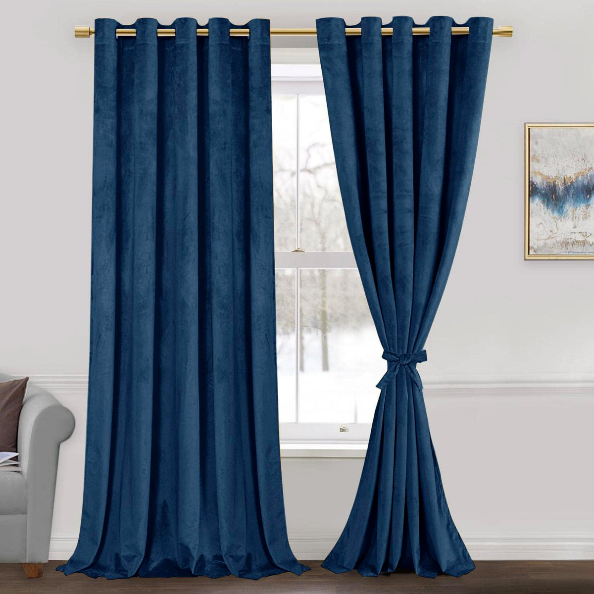 Jiuzhen Navy Velvet Curtains 84 Inches For Living Room - Thermal Insualted Room Darkening Grommet Thick Velvet Window Drapes For