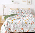 Floral Duvet Cover Queen Size - White Yellow Flowers And Green Leaf Spring Botanical Printed Microfiber Comforter Cover Set - 3P