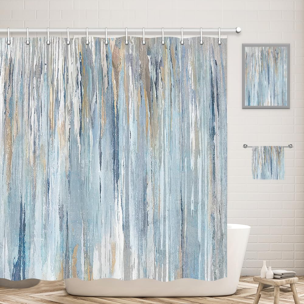 Jawo Abstract Shower Curtain Modern Shower Curtain Sets For Bathroom Gray Blue Beachy Aesthetic Stripe Contemporary Minimalist P