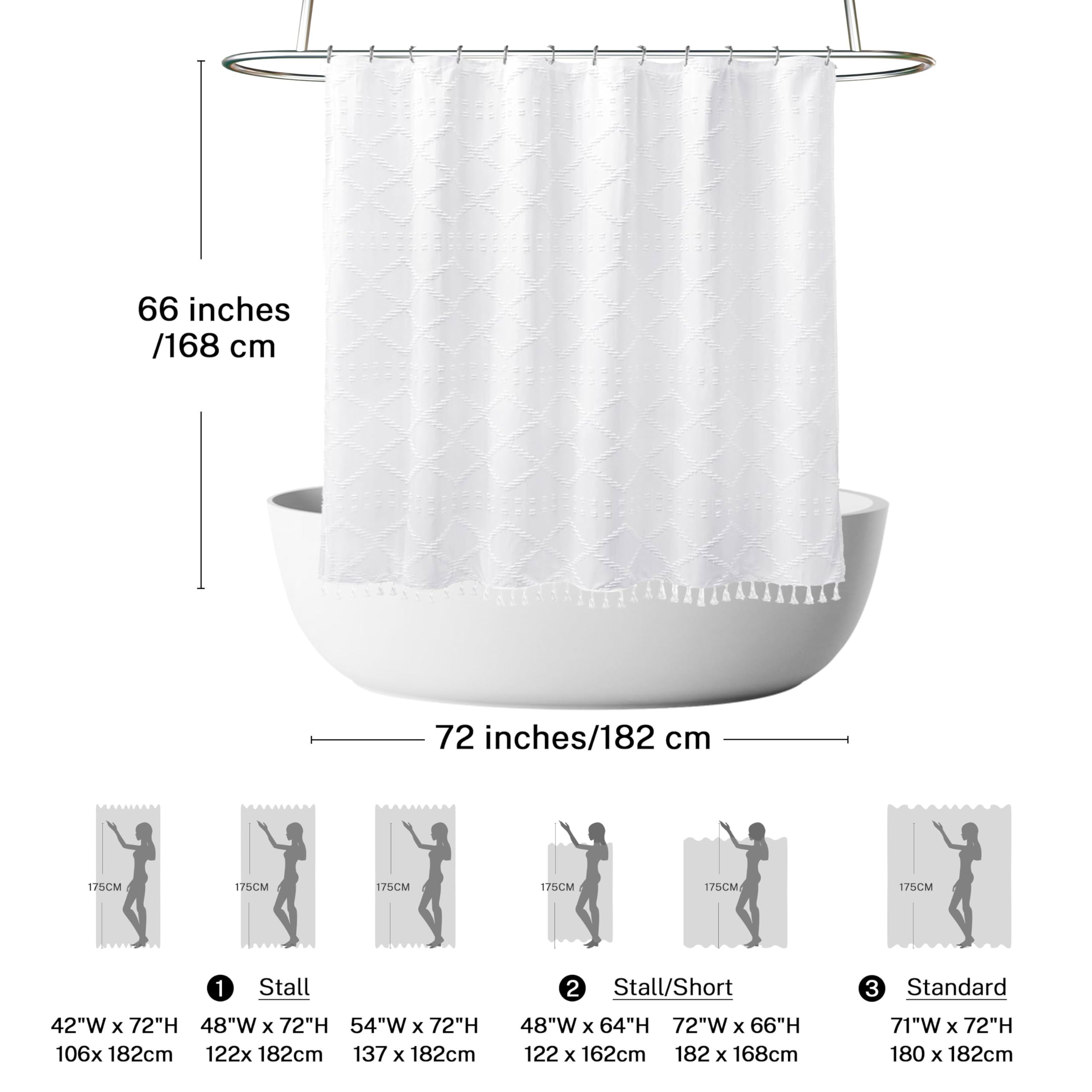 Boho White Woven Fabric Short Shower Curtain With Tassels 72 X 66 Modern Farmhouse Minimalist Tufted Chevron Striped Shabby Chic