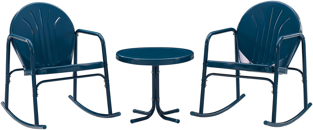 Crosley Furniture Griffith 3-Piece Outdoor Rocking Chair And Side Table Set, Retro Metal Bistro Patio Sets, Navy Gloss