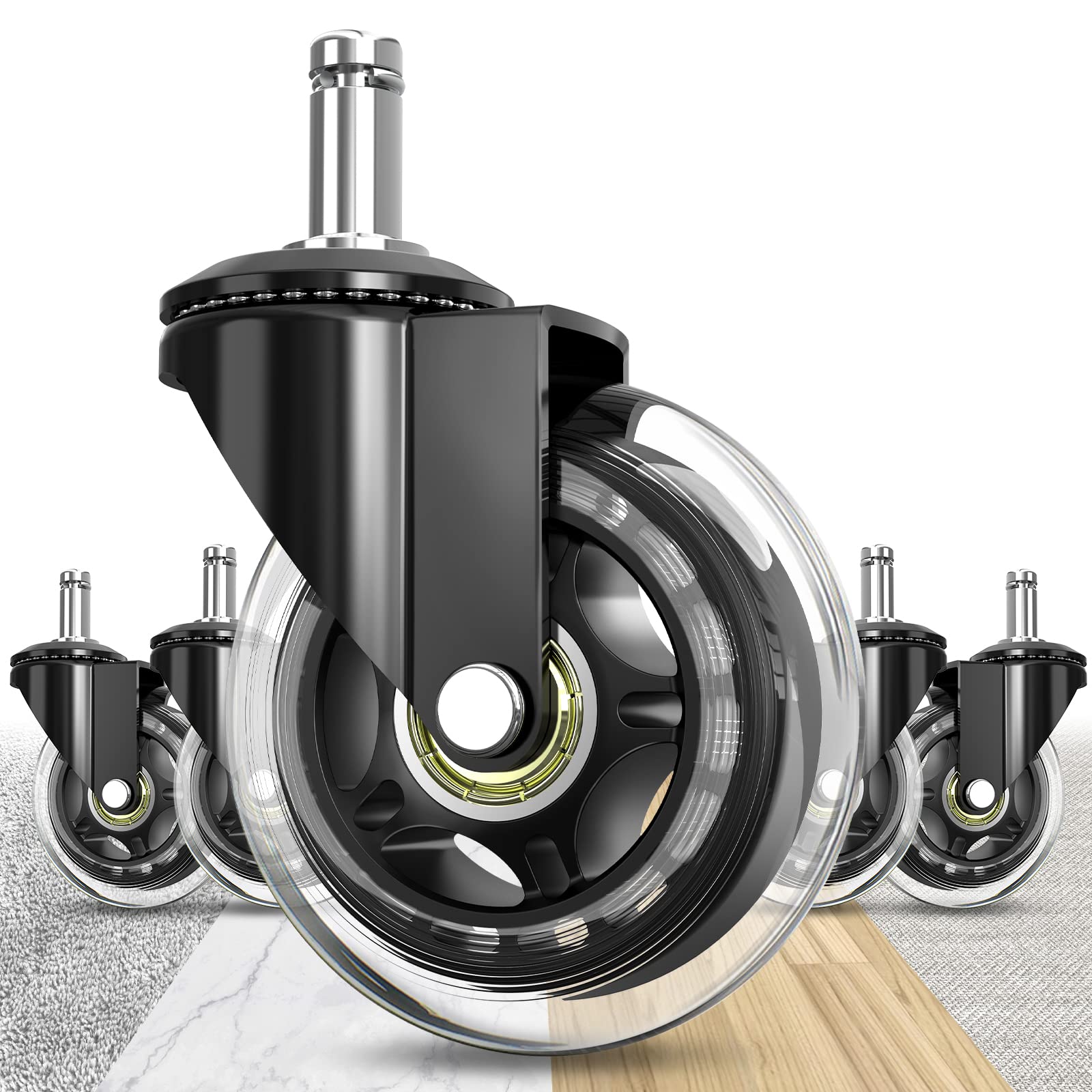 Soontrans Office Chair Wheels Replacement Rubber Chair Casters for Wood Floor Carpet Tile, Set of 5, Heavy Duty Computer Desk Ch