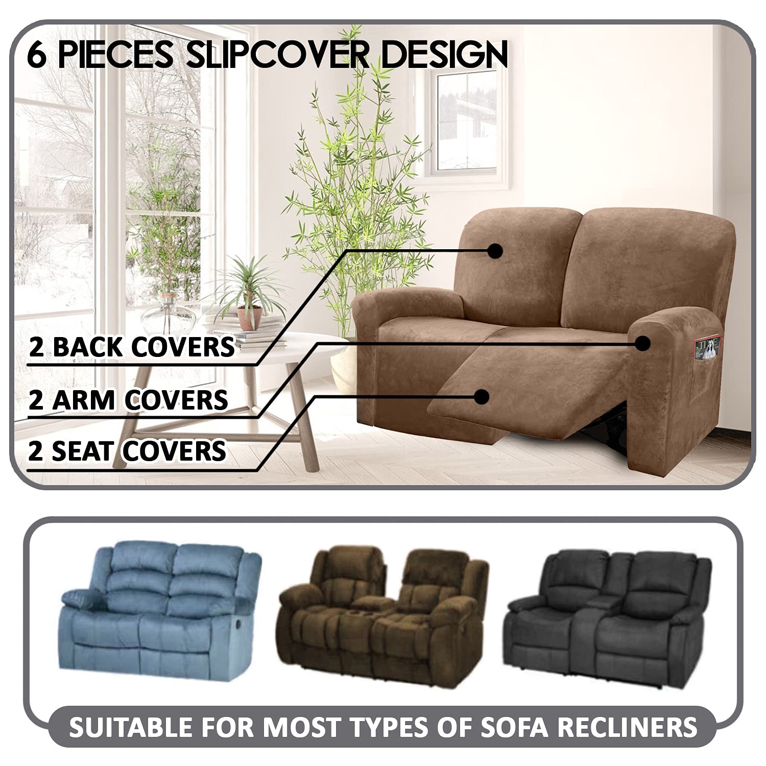 Ulticor Reclining Love Seat Slipcover, 48'' - 65'' L, 6-Piece Velvet Stretch Loveseat Reclining Sofa Covers, 2 Seat Love Seat Re