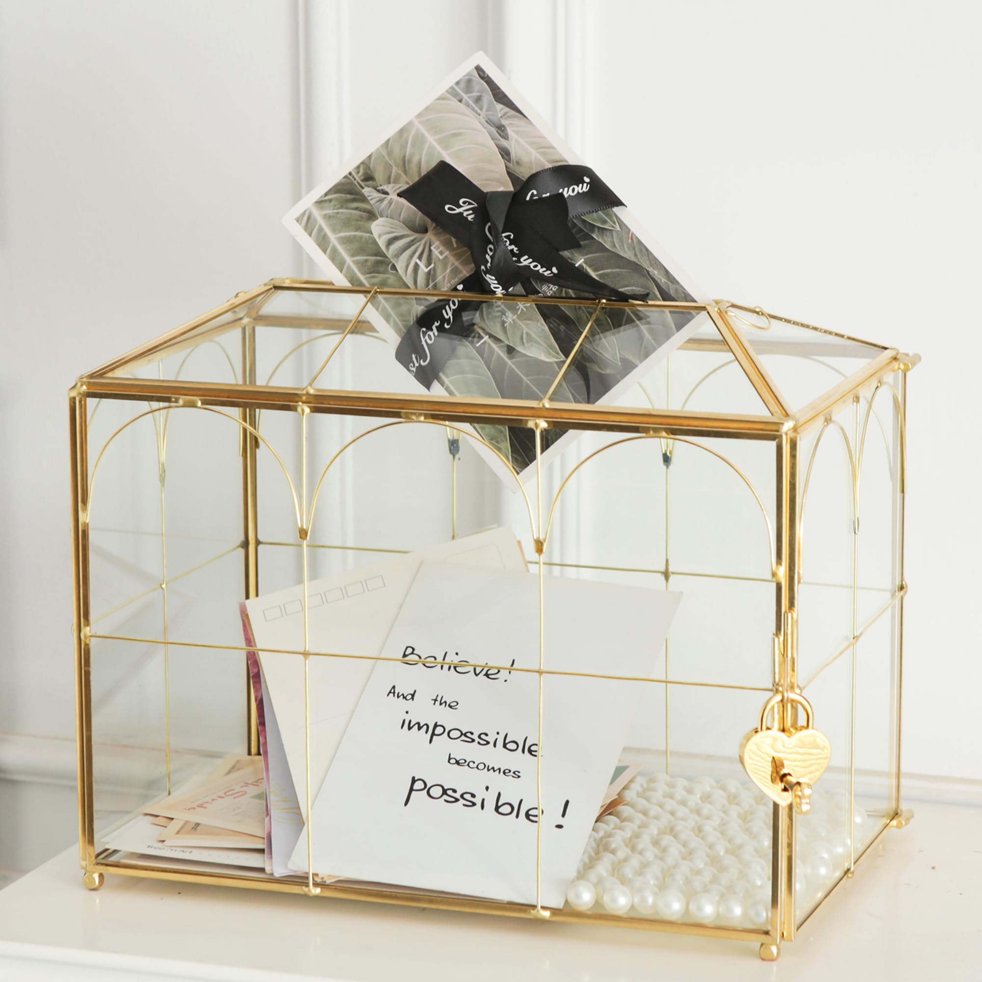 Giadun Glass Card Box with Slot, 10.2 inch Large Gold Clear Card Box for Wedding Receptions, Decorative Storage Box with Lock fo