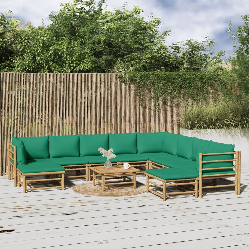 vidaXL 11 Piece Patio Lounge Set with Green Cushions Bamboo