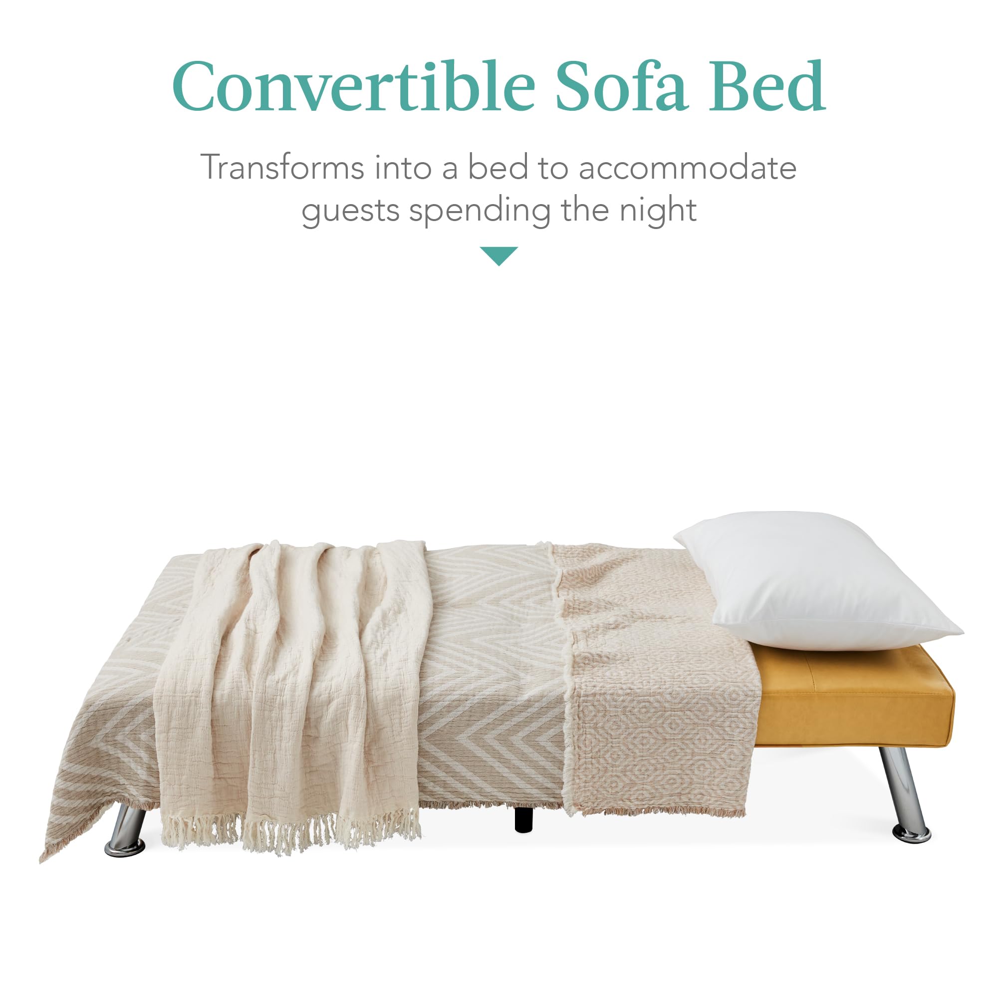 Best Choice Products Faux Leather Upholstered Modern Convertible Futon, Adjustable Folding Sofa Bed, Guest Bed W/Removable Armrests - Camel Yellow