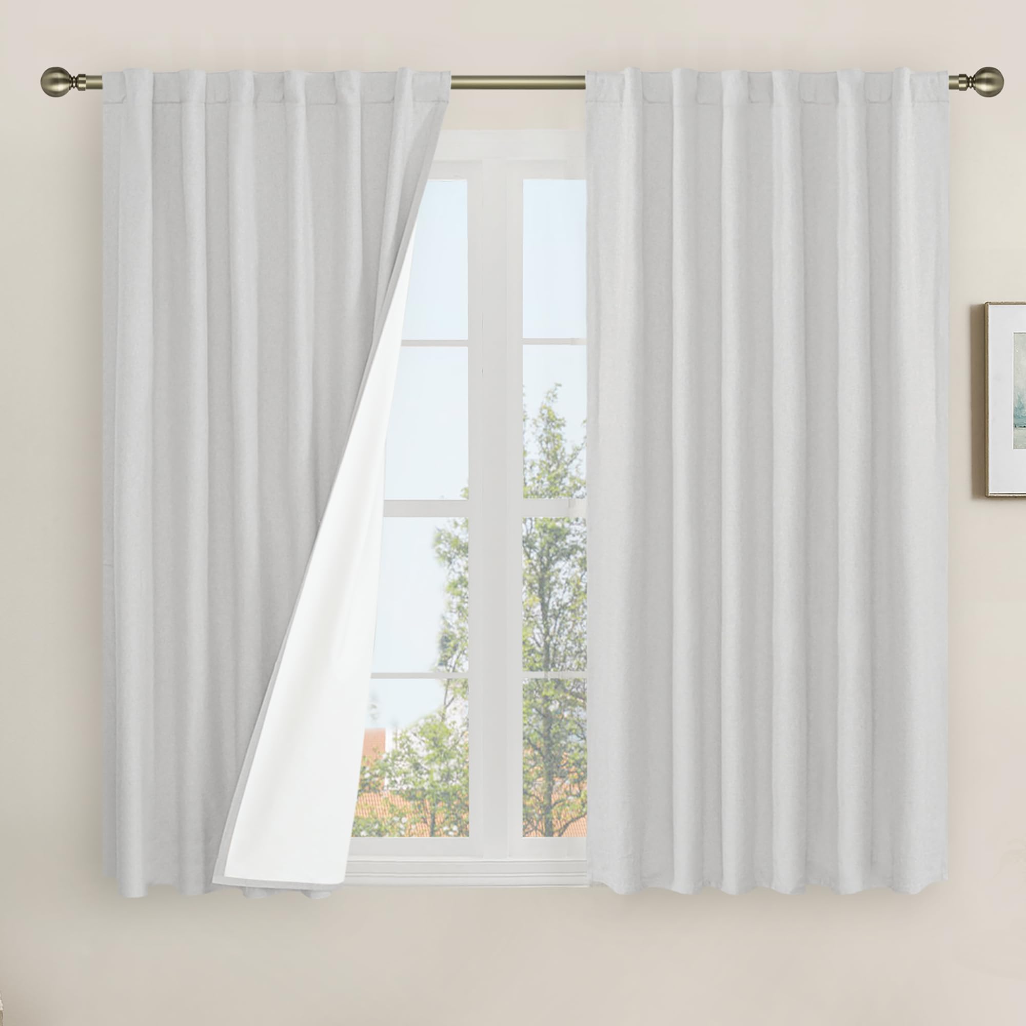 Lamit Light Grey Linen 100% Blackout Window Curtains For Bedroom, 45 Inches Linen Textured Thermal Farmhouse Curtains Back Tab A