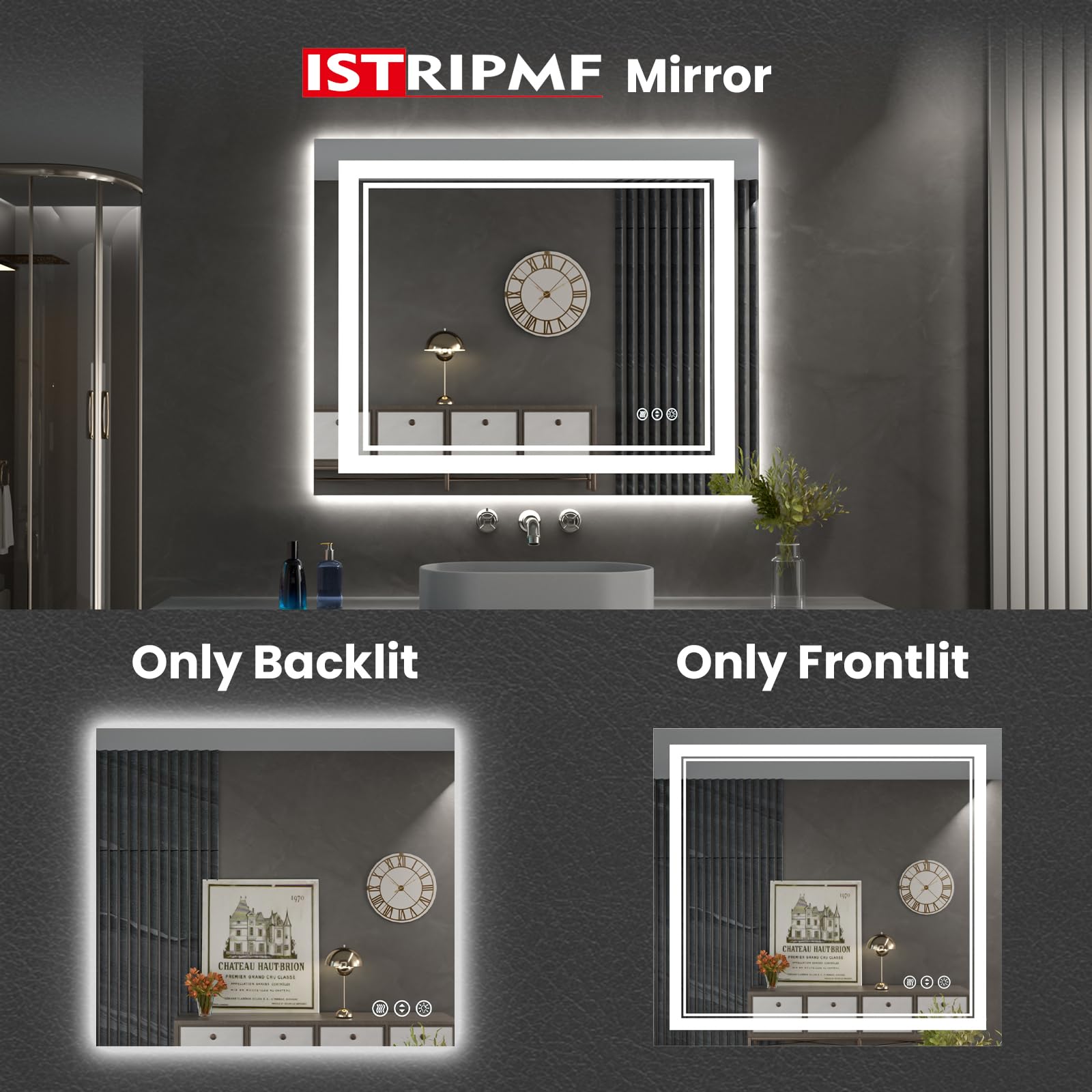 Istripmf 40 X 38 Inch Led Bathroom Mirror, Front Light And Backlit Anti-Fog Dimmable Memory Lighted Vanity Mirror, Shatterproof