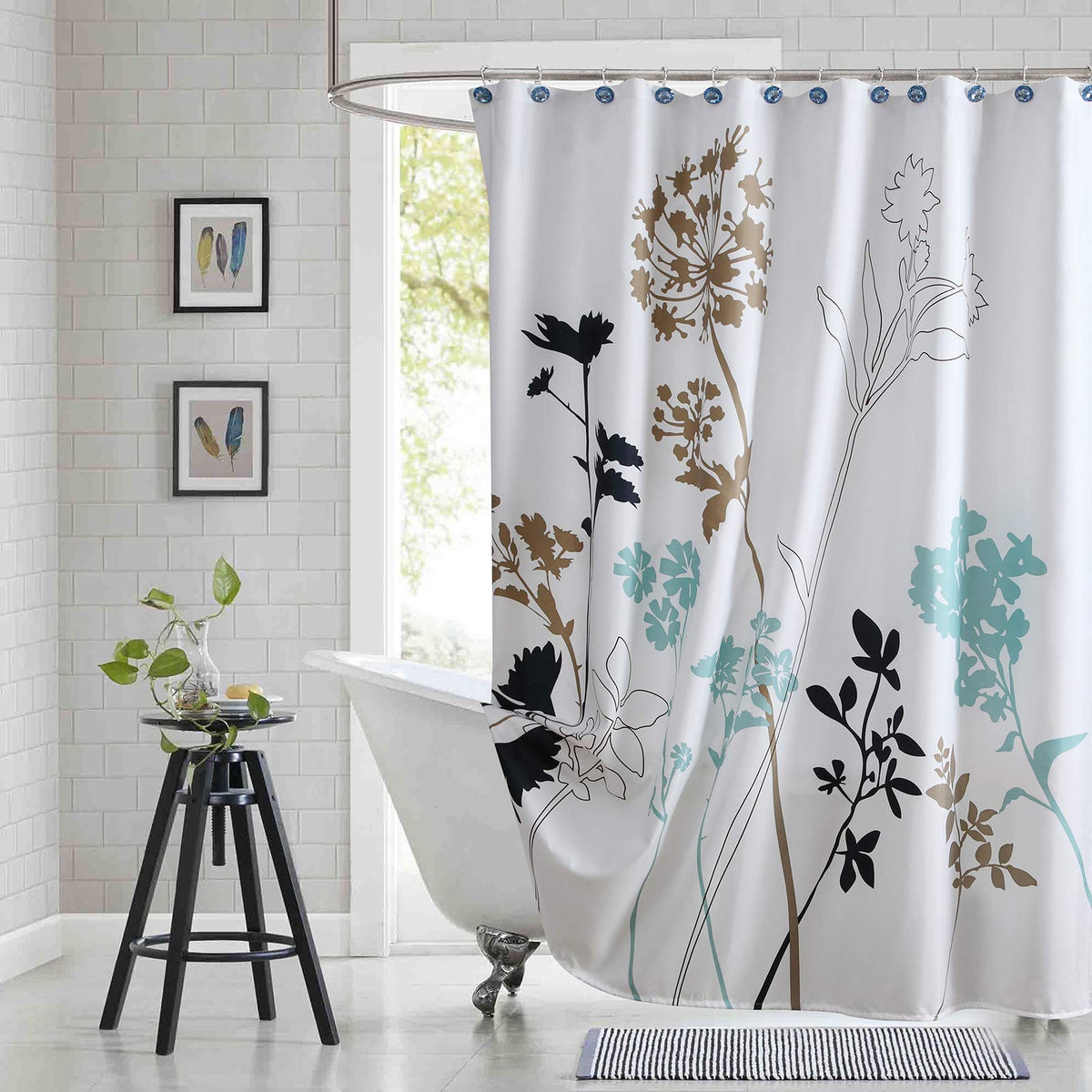 Bestripes Fabric Floral Shower Curtain, Blue And White Shower Curtain, Teal And Brown Plant Shower Curtains For Bathroom, Modern