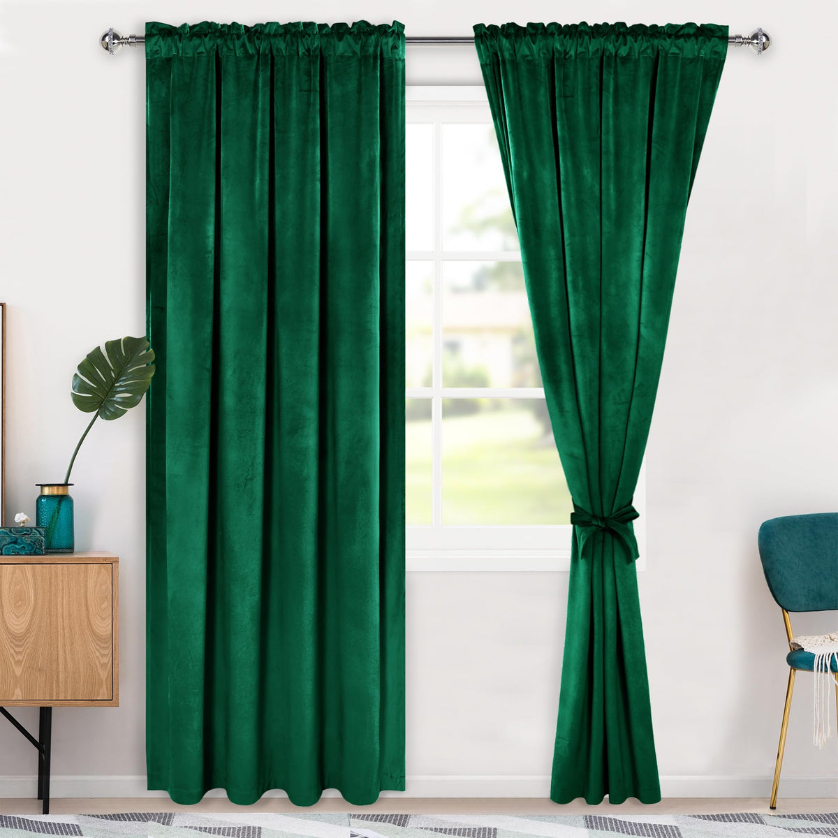 Hiasan Green Velvet Curtains 90 Inch Blackout Rod Pocket Thermal Insulated Soft Curtains Room Darkening Window Drapes With Tieba