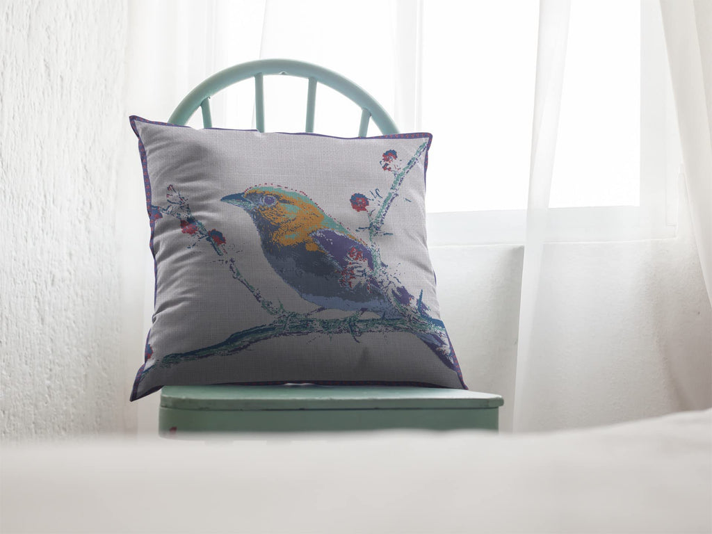 HomeRoots Purple On White Broadcloth 26â€ Blue White Robin Indoor Outdoor Throw Pillow