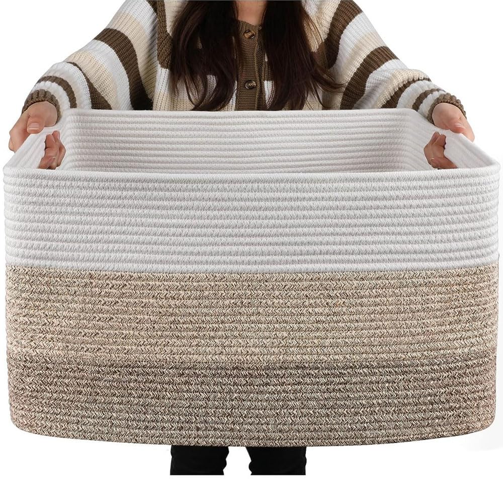 Qtopun Large Woven Cotton Rope Storage Basket Organizer with Handles for Blankets Toys Laundry Hamper for Nursery Living Room Be