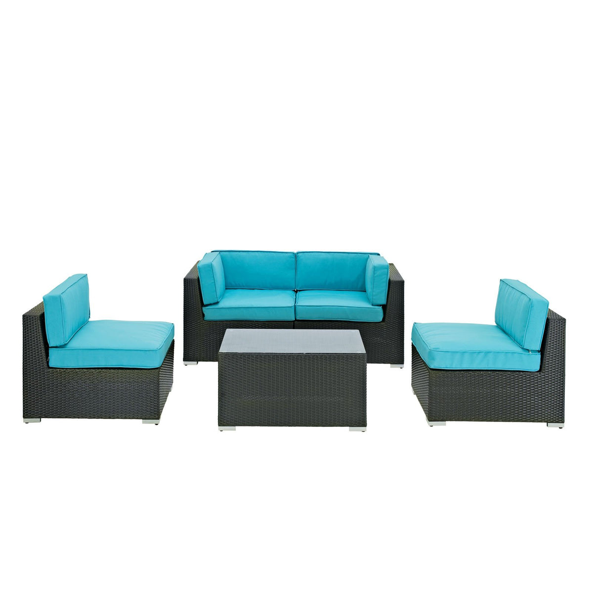 Modway Camfora Outdoor Wicker Patio 5-Piece Sofa Set, Espresso With Turquoise Cushions