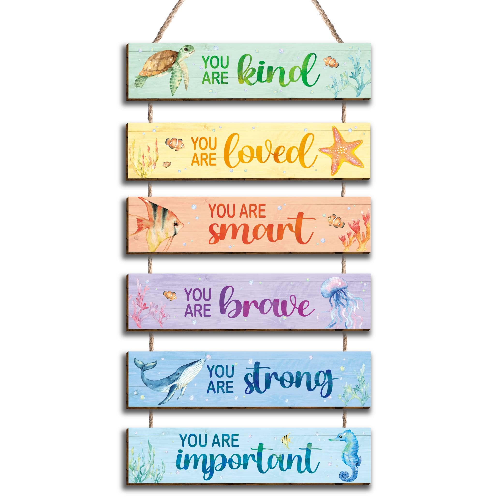 Kadiak 6 Pcs Ocean Decor Kids Room Decor Hanging Plaque Sign, Watercolor Ocean Inspirational Positive Quotes Wall Art Decor for 