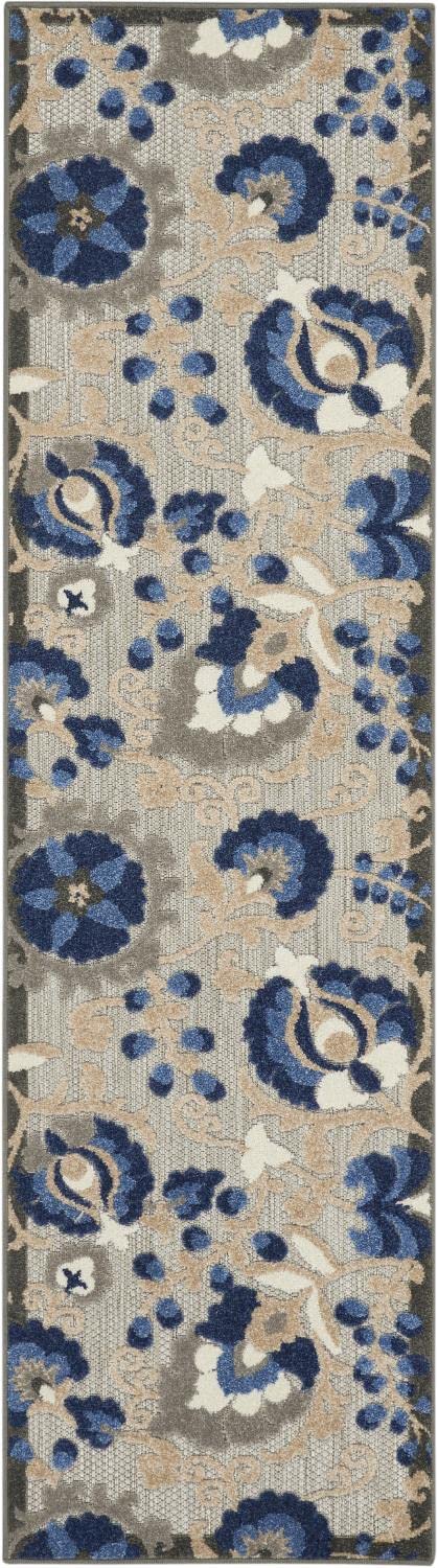 Nourison Aloha Indoor/Outdoor Natural/Blue 2'3' X 12' Area Rug, Easy Cleaning, Non Shedding, Bed Room, Living Room, Dining Room
