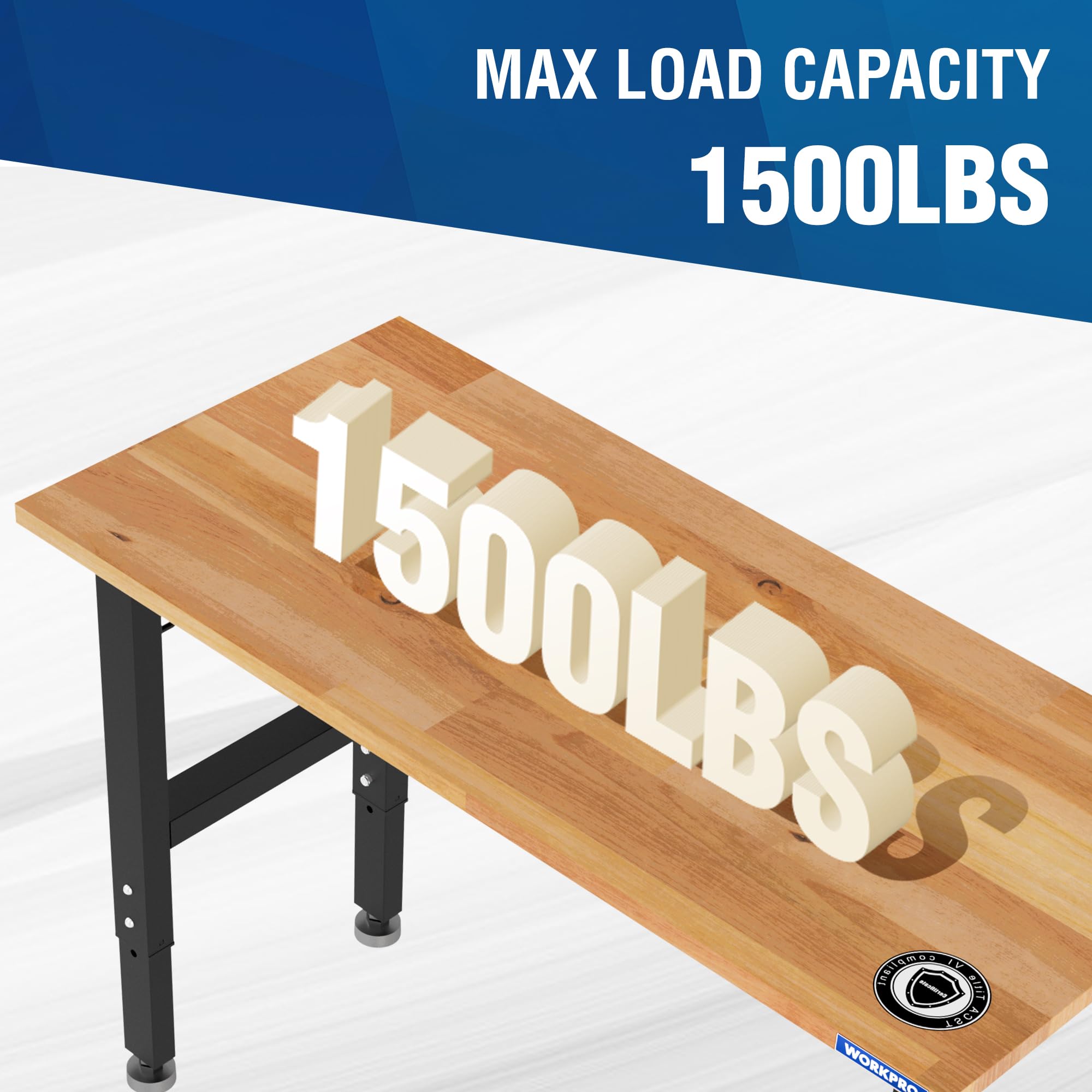 Workpro Adjustable Garage Workbench, 48'X22' Rubber Wood Top Heavy-Duty Work Desk With Power Outlets, Leveling Foot, 5 Heights, 1500 Lbs Load Capacity Work Benches For Garage, Workshop, Office, Home