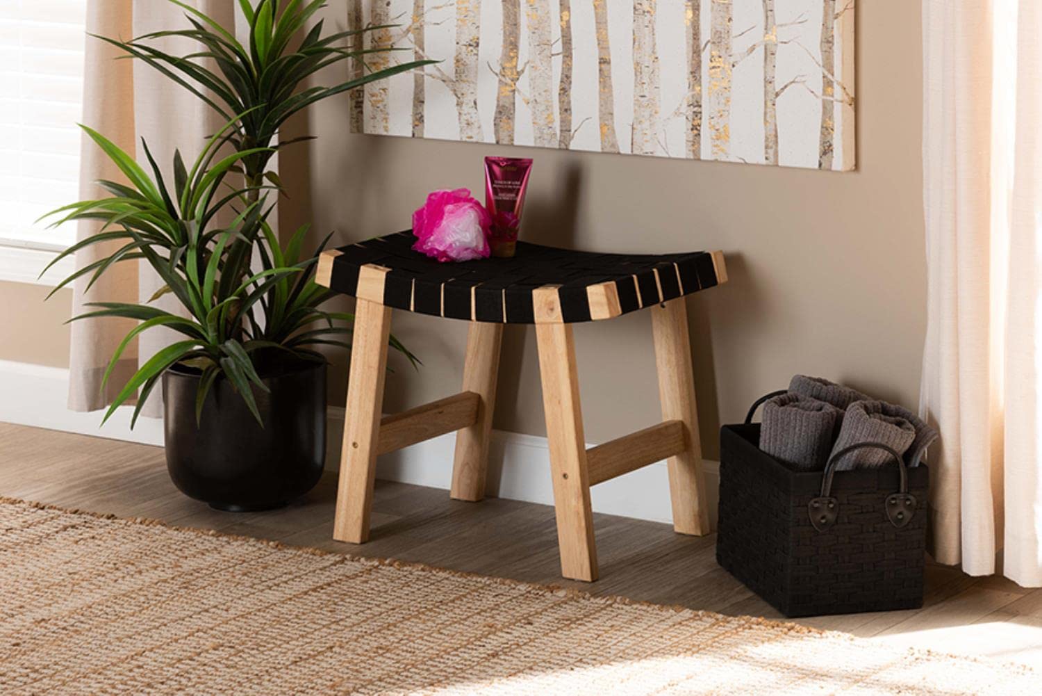 Baxton Studio Nahla Rustic Mid-Century Modern Black and Oak Brown Finished Wood Accent Bench