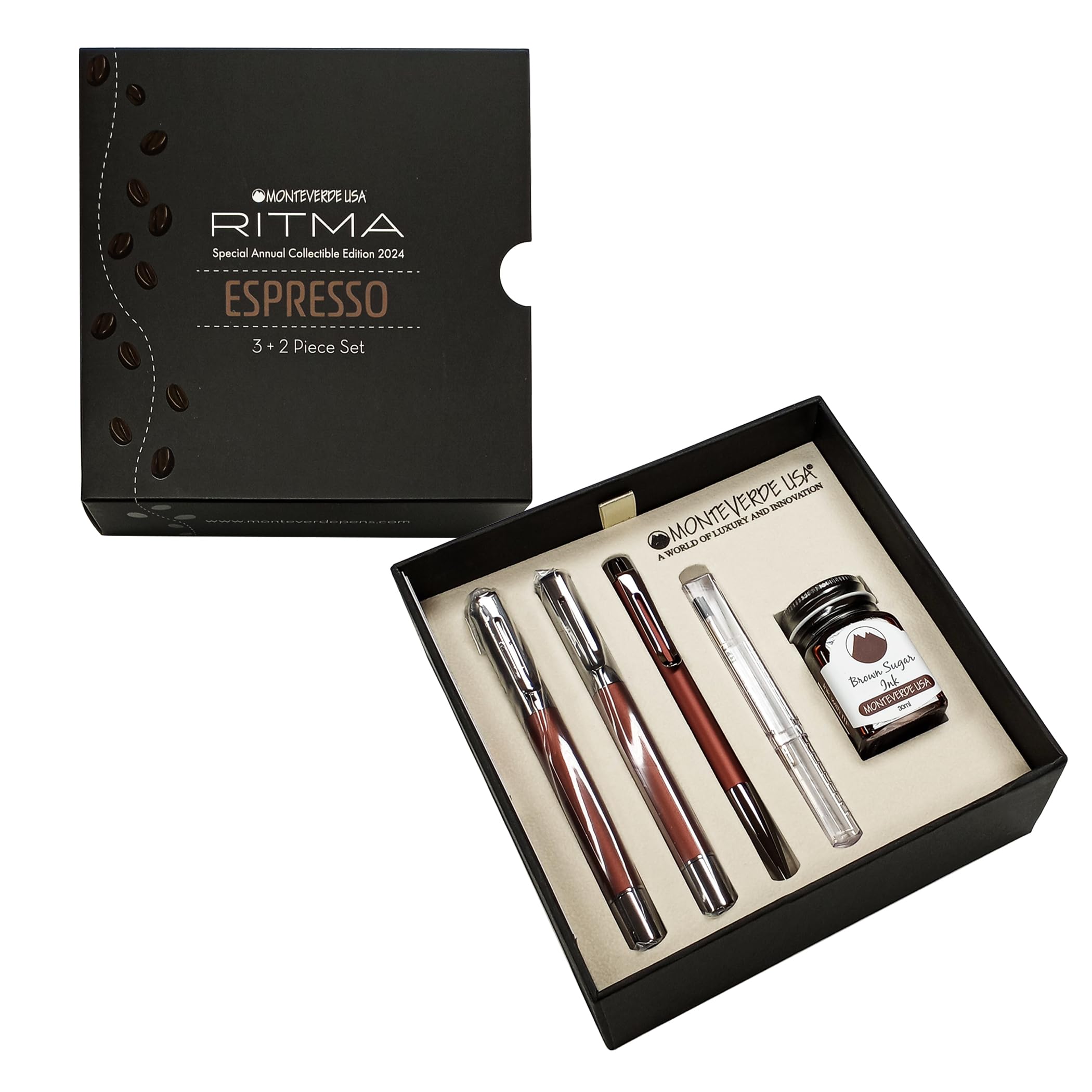Monteverde Ritma 3+2 Piece Gift Set, Espresso - Includes Fine Nib Fountain Pen, Rollerball, Ballpoint, 30Ml Ink & Refill - Elega