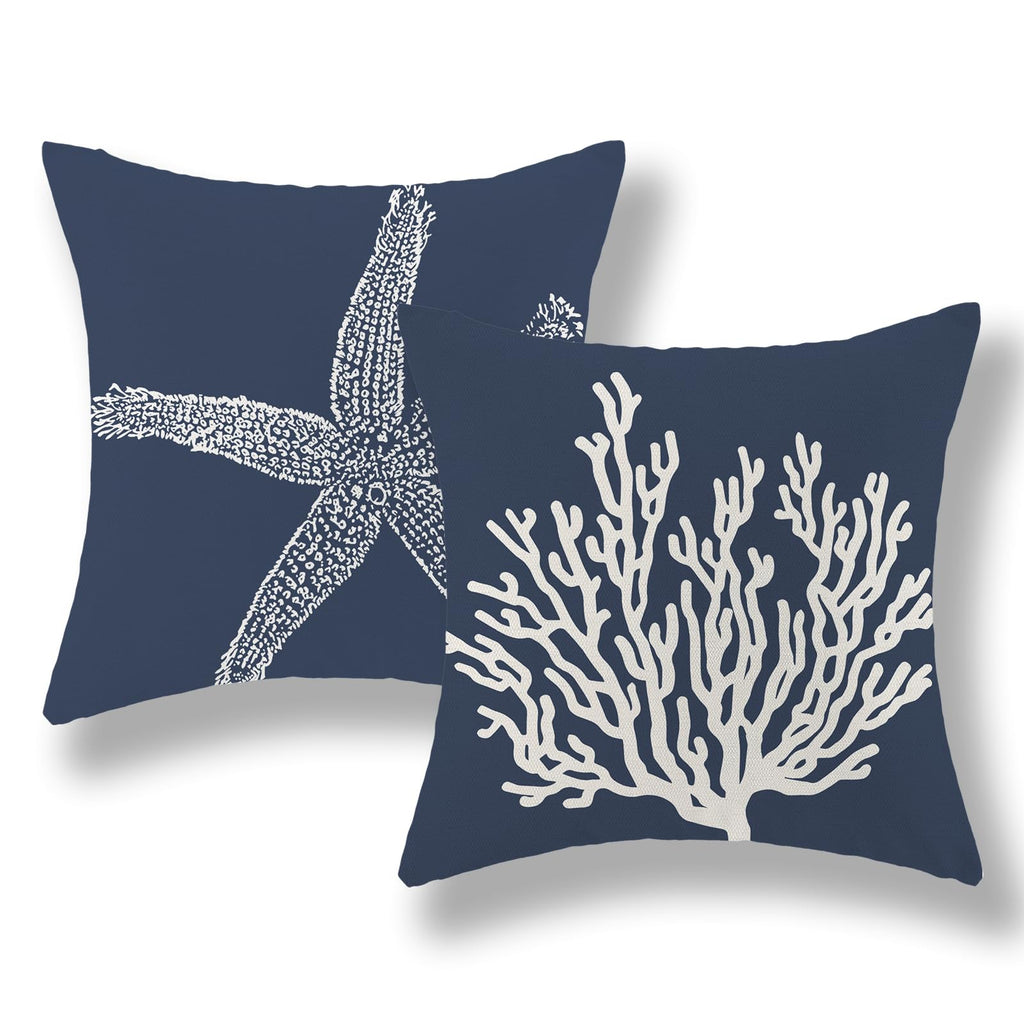 Golianda Navy Blue Coral Starfish Pillow Covers 16X16 Inch Set Of 2 Coastal Throw Pillows Spring Summer Nautical Beach Ocean Dec
