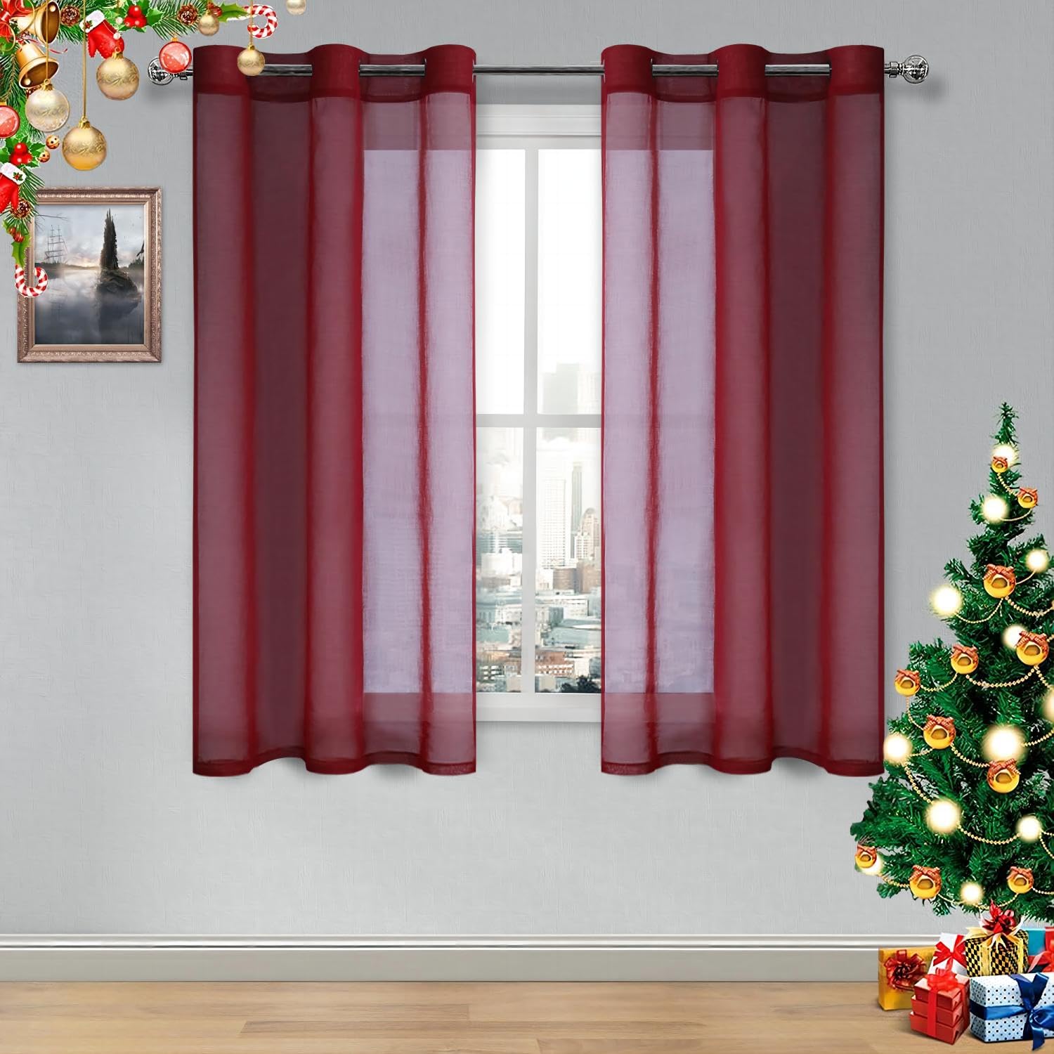 Dwcn Burgundy Sheer Curtains, Faux Linen Grommet Window Curtain Voile Sheer Drapes For Living Room Bedroom Thanksgiving Day & Ch