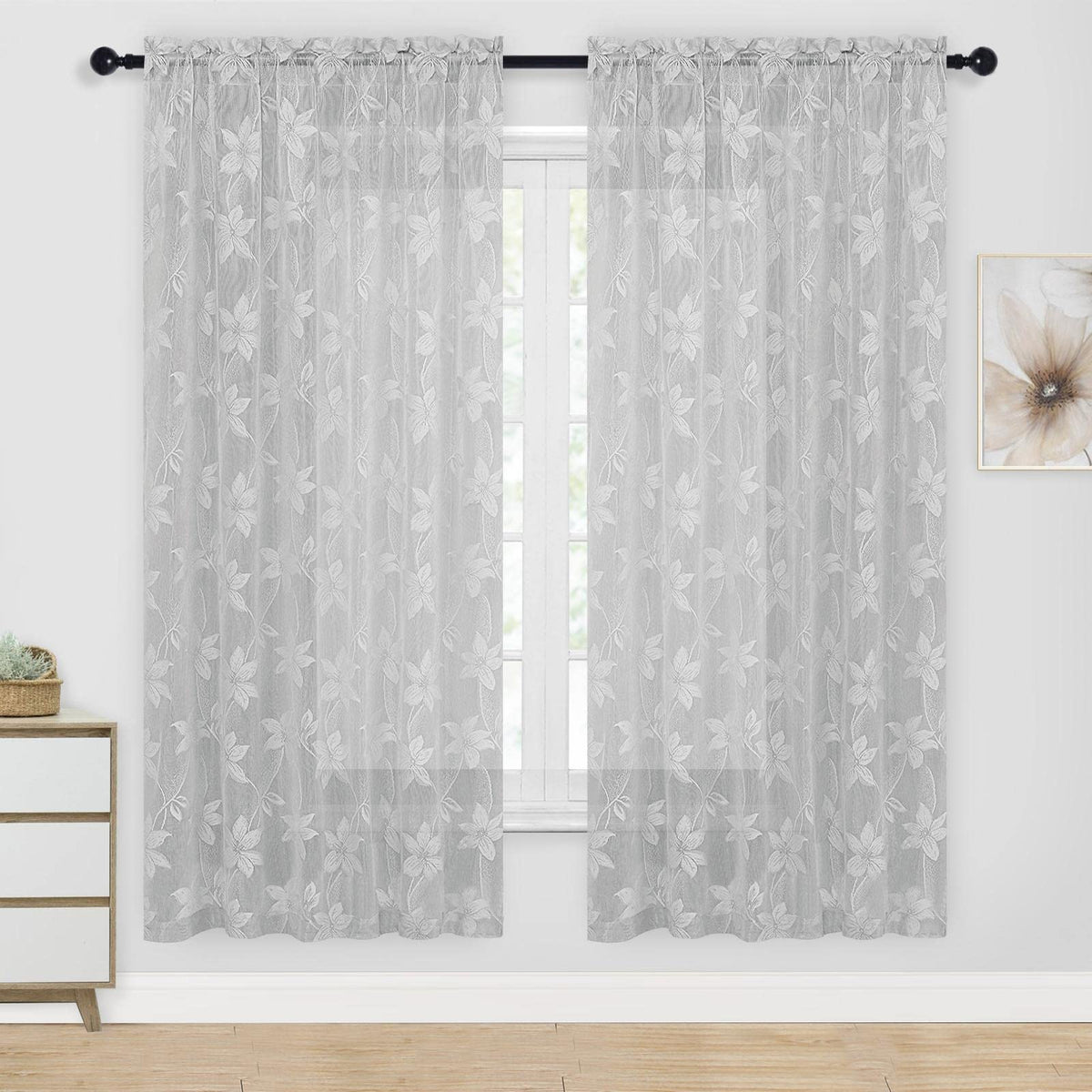 Dwcn Floral Lace Sheer Curtains - Rod Pocket Window Voile Sheer Drapes For Bedroom Kitchen Short Curtains 60 X 63 Inches Long, S