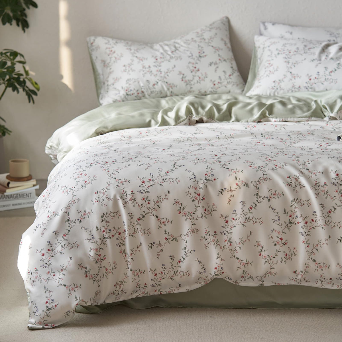 Lyocell White Duvet Cover Twin Xl Zipper Small Red Flowers Duvet Cover Botanical Floral Leaves Pattern Printed Green Bedding Set