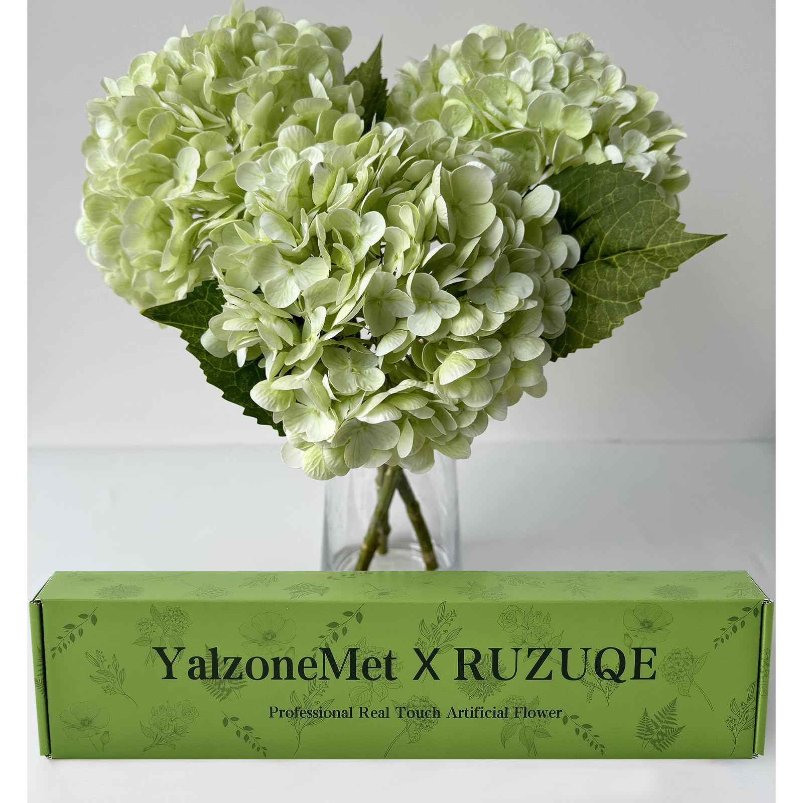 YalzoneMet RUZUQE Light Green Hydrangea Artificial Flowers, 3 Pcs Lifelike Real Touch Hydrangea Fake Flowers, 21 inch Latex Faux