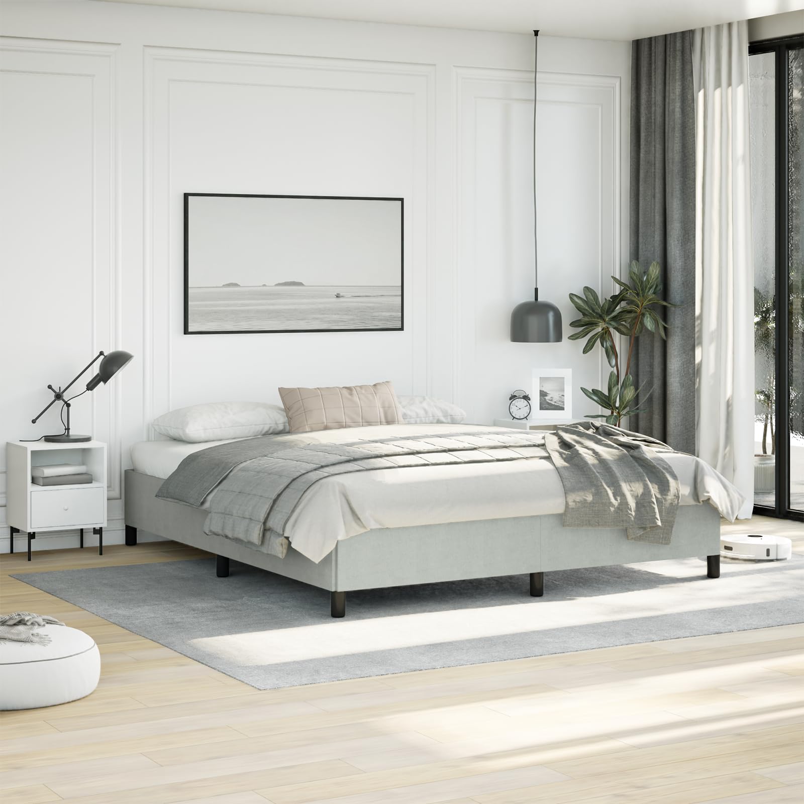 vidaXL California King Size Bed Frame with Plywood Slats, Platform Bed Frame, Velvet Upholstered Mattress Foundation, No Box Spring Needed & Easy Assembly, Light Gray, Without Mattress
