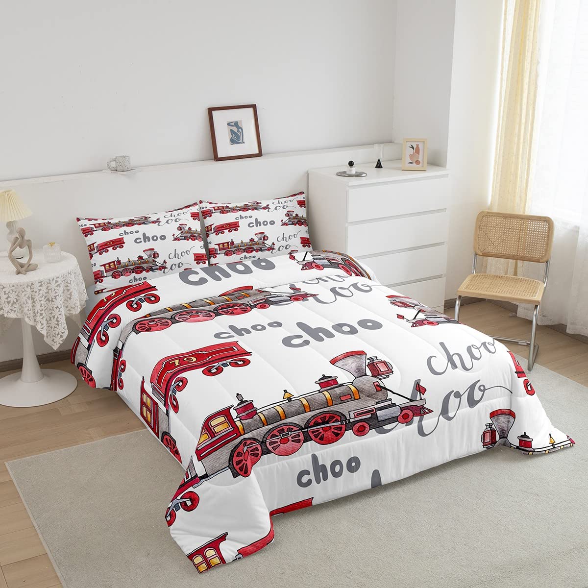 Cartoon Car Bedding Set Kids Train Comforter Set Boys Girls Choo-Choo Rail Roads Tracks Decor Comforter Microfiber Train Constru