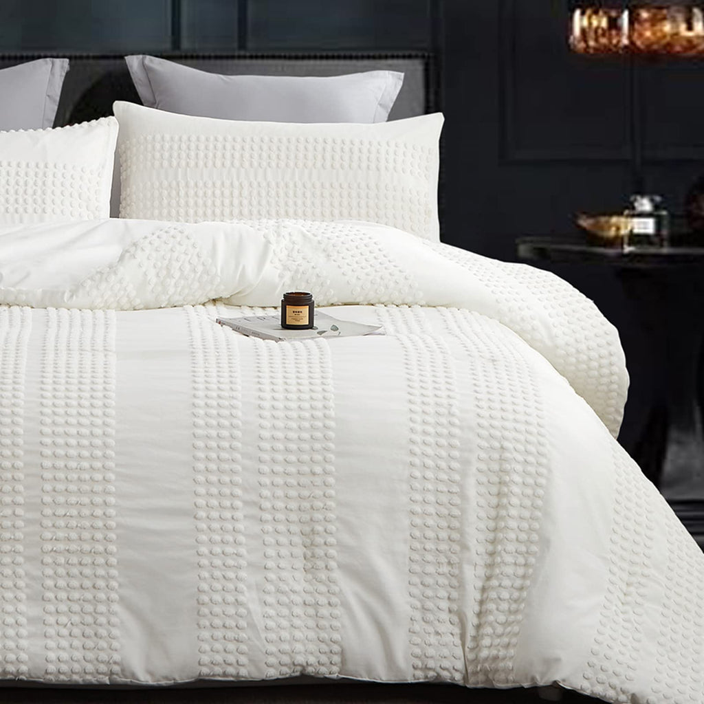 Cupocupa King Size Comforter Set;White Boho Tufted Lightweight Bedding Sets 3PCS Soft Jacquard Pom Pom Comforter with 2 Pillow C