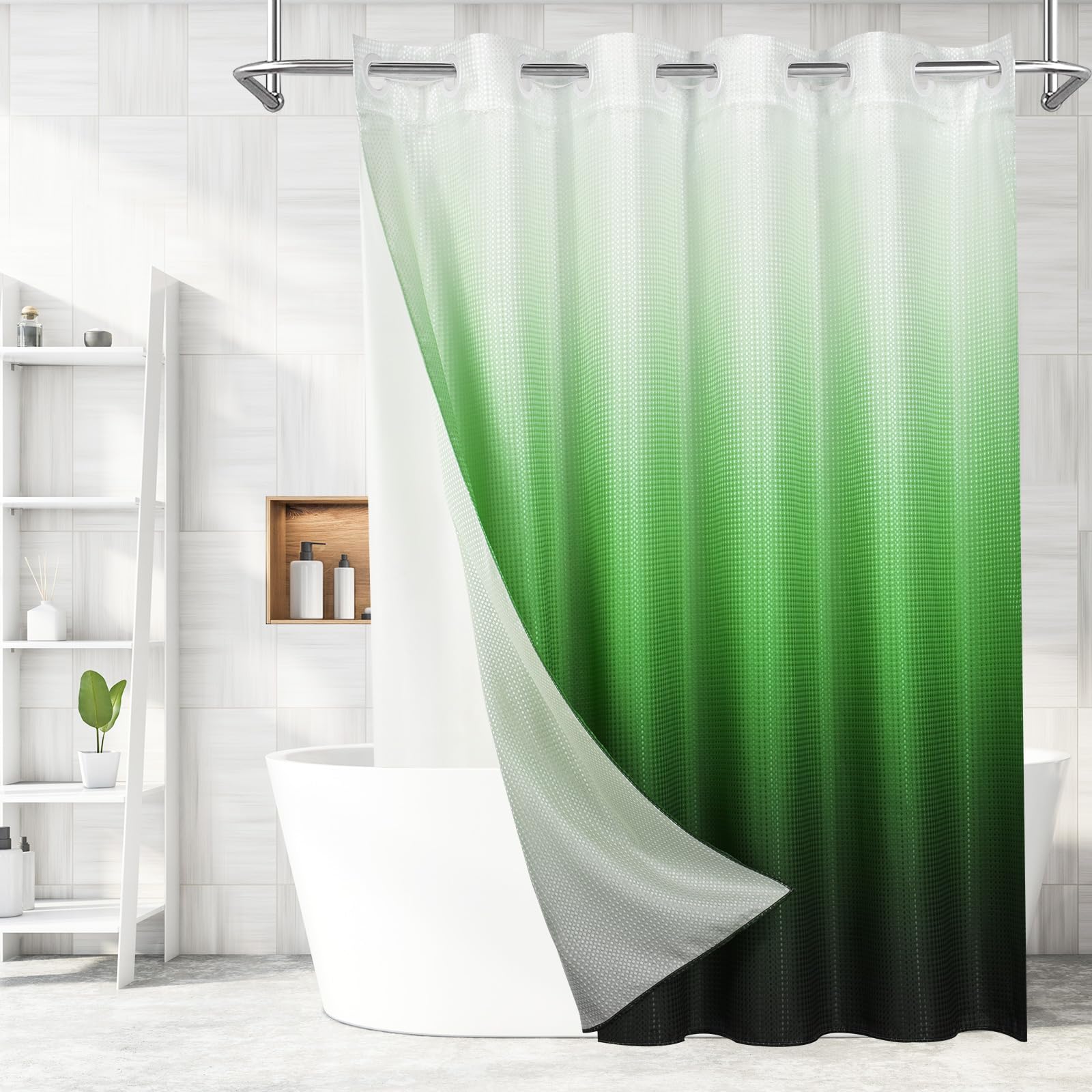 MitoVilla Emerald Green Ombre Long Shower Curtain 72 x 80, No Hooks Needed 80 inch Long Heavyweight Waffle Fabric Shower Curtain