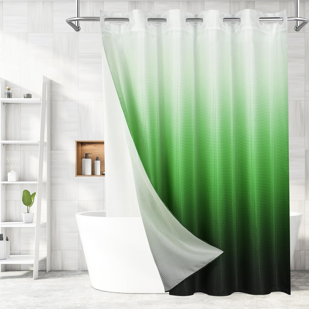MitoVilla No Hooks Needed Extra Long Shower Curtain with Snap-in Liner, 86 inch XL Emerald Green Ombre Heavyweight Waffle Fabric
