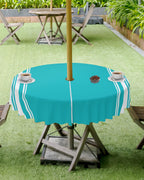 Queenker Outdoor Tablecloth With Umbrella Hole, Farmhouse Aqua White Stripe Round Tables Waterproof Tabletop Collection For Pati