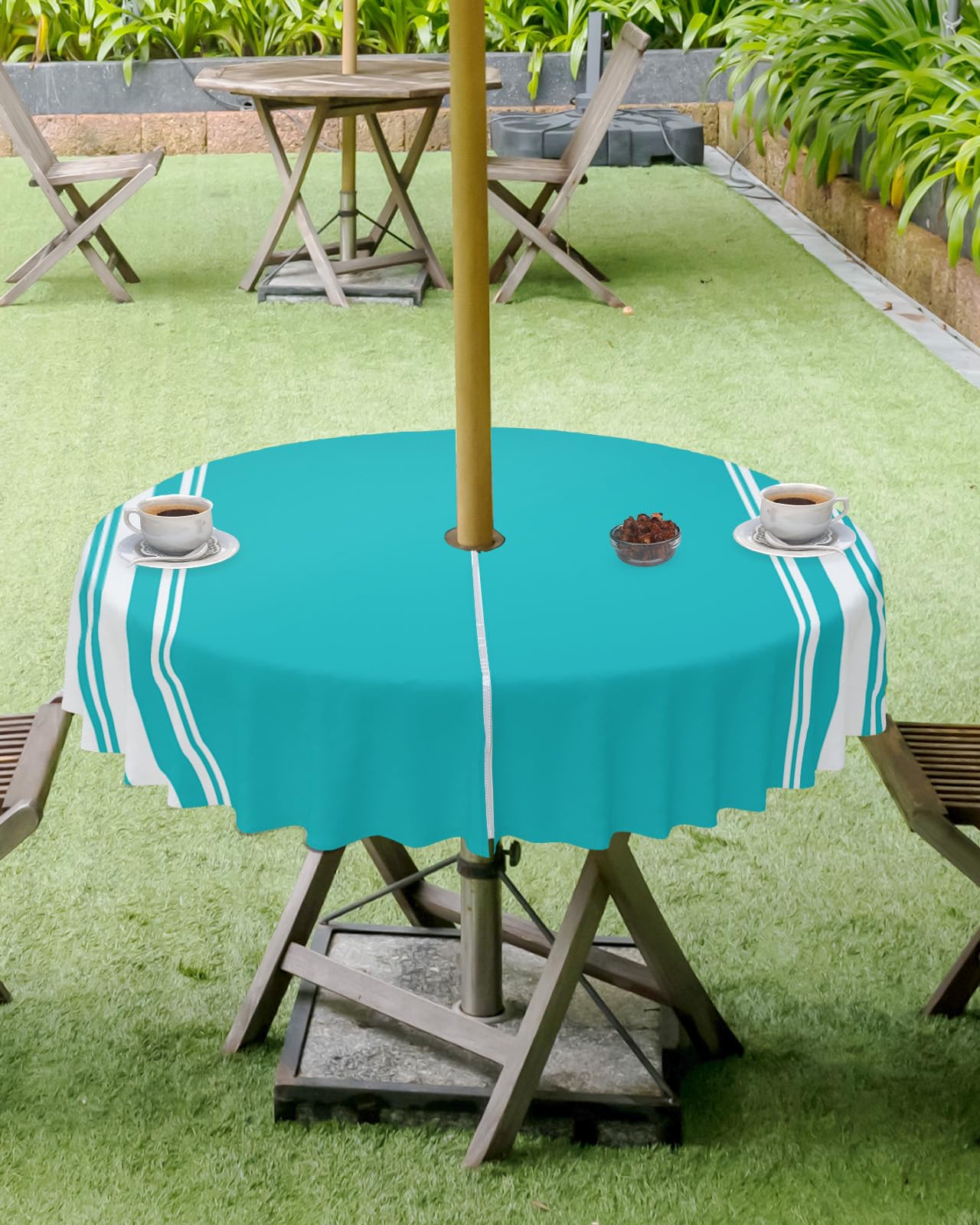 Queenker Outdoor Tablecloth With Umbrella Hole, Farmhouse Aqua White Stripe Round Tables Waterproof Tabletop Collection For Pati