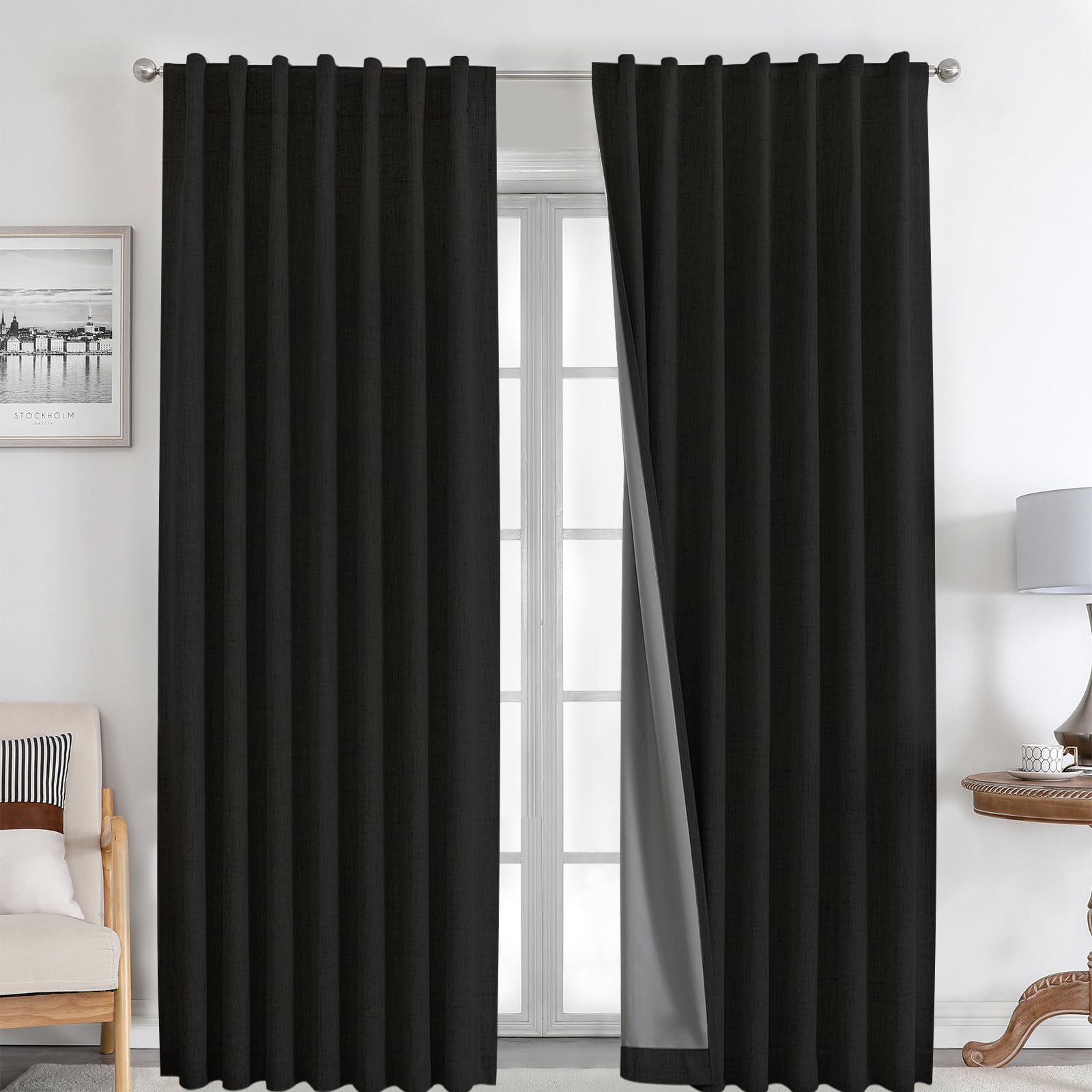 Joydeco 100% Blackout Curtains 108 inches Long White Linen Curtains 2 Panels Set Burg for Bedroom Living Room Black Out Darkenin