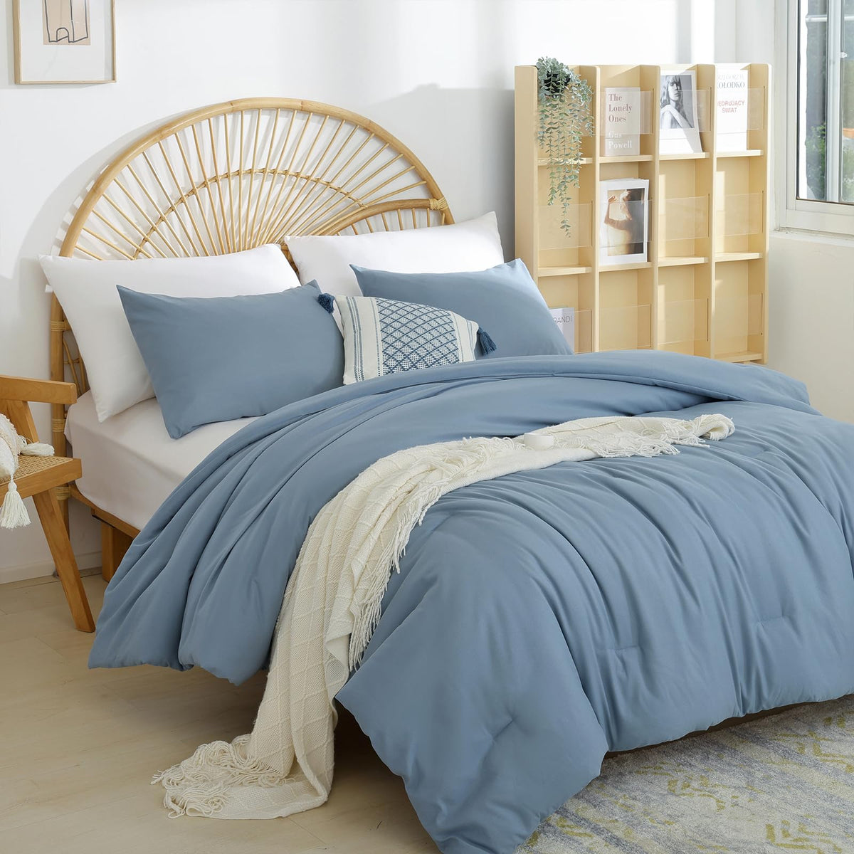 Weigelia Dusty Blue Comforter Queen Size 3Pcs Bed Comforter With 2 Pillowcases - Ligtweight Soft Solid Blue All Season Queen Com