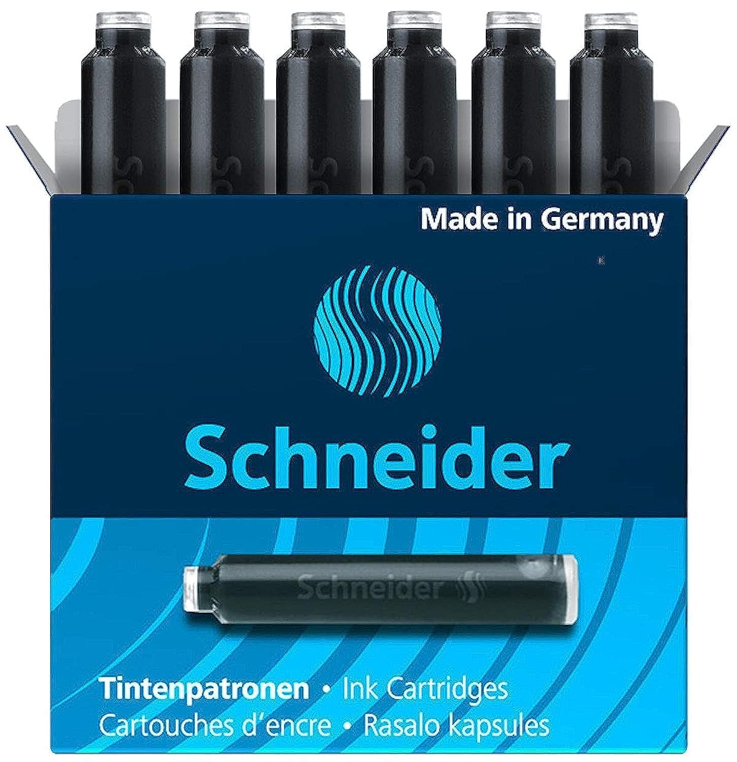 Schneider Ink Cartridge, Standard Format, Ball Closure, Refill For Fountain And Cartridge Rollerball Pens, Black Ink, Box Of 6 C