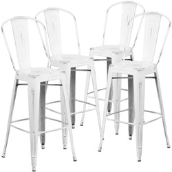 4 Pk. 30 High Distressed White Metal Indoor Barstool with Back
