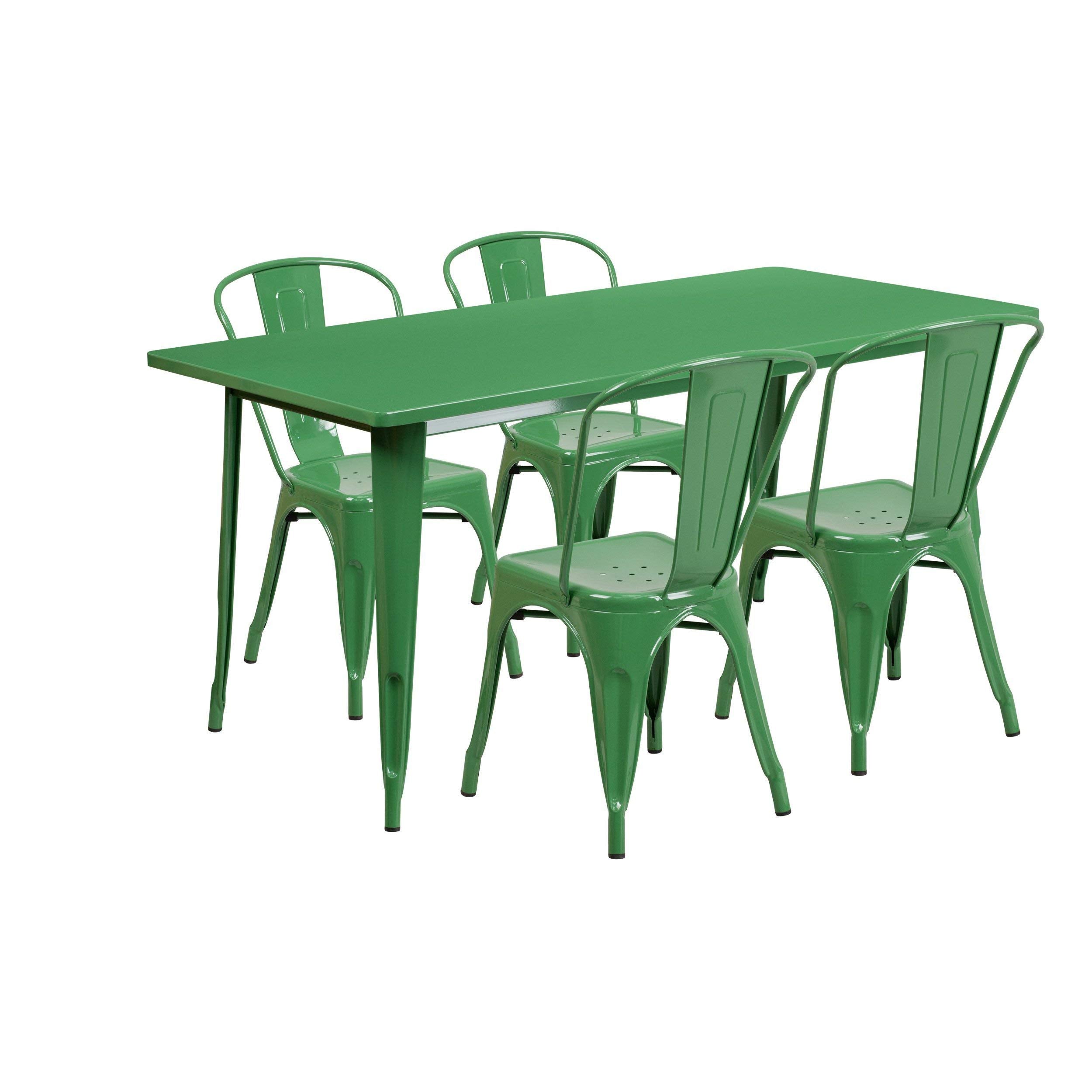 Flash Furniture Commercial Grade 31.5" x 63" Rectangular Orange Metal Indoor-Outdoor Table Set with 4 Stack Chairs