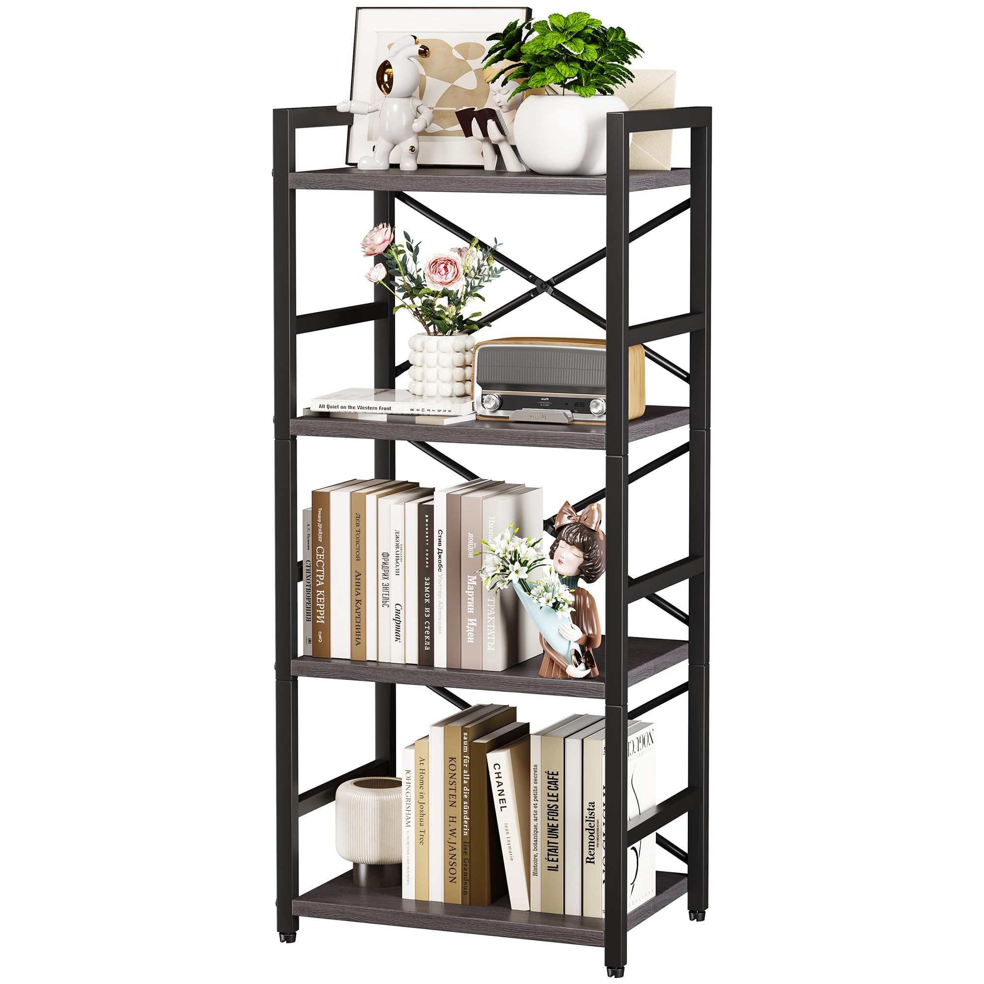Homeiju Grey Bookshelf, 4 Tier Small Bookcase, Grey Metal Small Bookcase For Cd/Movie/Book, Book Shelf Organization And Storage