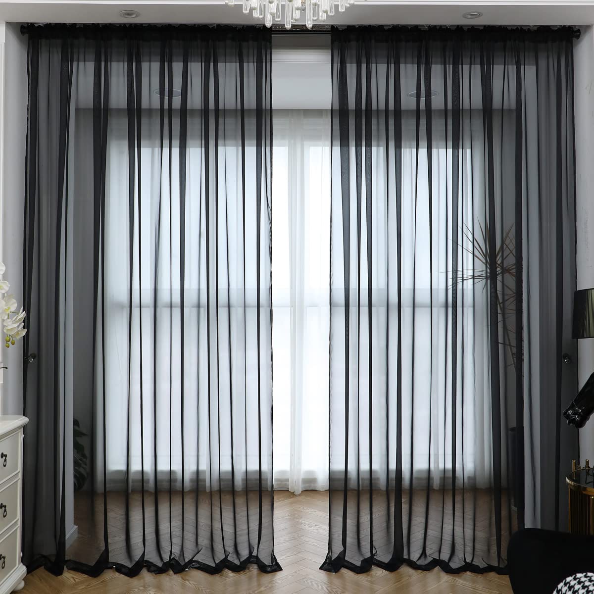 Window Black Sheer Curtains 63 Inches Long 2 Panels Sheer Curtain Basic Rod Pocket Panel For Bedroom Children Living Room Yard K